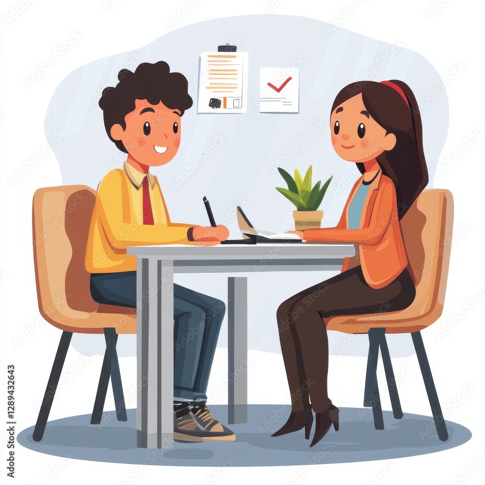 First job interview for a young person presented cartoonishly First job interview for a young person presented cartoonishly