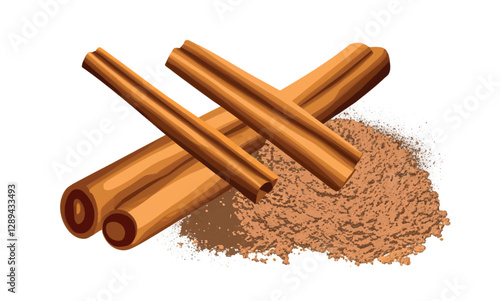 Close-up of cinnamon isolated on white background. Cinnamon sticks and cinnamon powder. Cinnamon spice isolated. Vector illustration.