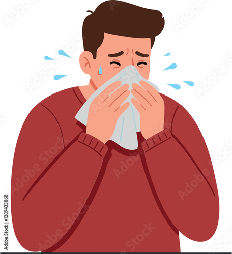 A man in a red sweater sneezing into a tissue with tears in his eyes, depicting illness in a flat vector illustration
