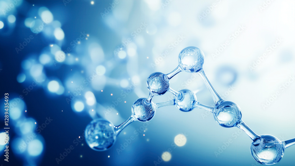Blue molecular structure with light reflections, representing biotechnology, peptide science, chemistry innovation, nanotechnology, and futuristic skincare solutions Blue molecular structure with light reflections, representing biotechnology, peptide science, chemistry innovation, nanotechnology, and futuristic skincare solutions