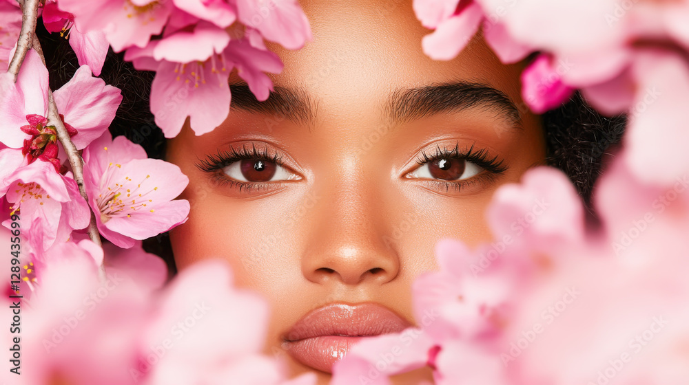 Serene beauty enhanced by cherry blossoms: a close-up portrait concept Serene beauty enhanced by cherry blossoms: a close-up portrait concept