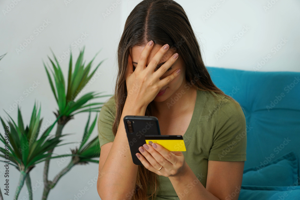 Digital theft. Girl crying at home when finds out her credit card was cloned and her bank account emptied. Cyber security concept.