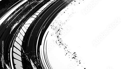A modern background with bold tire skid marks and rounded wheel imprints, creating a dynamic black-and-white banner design