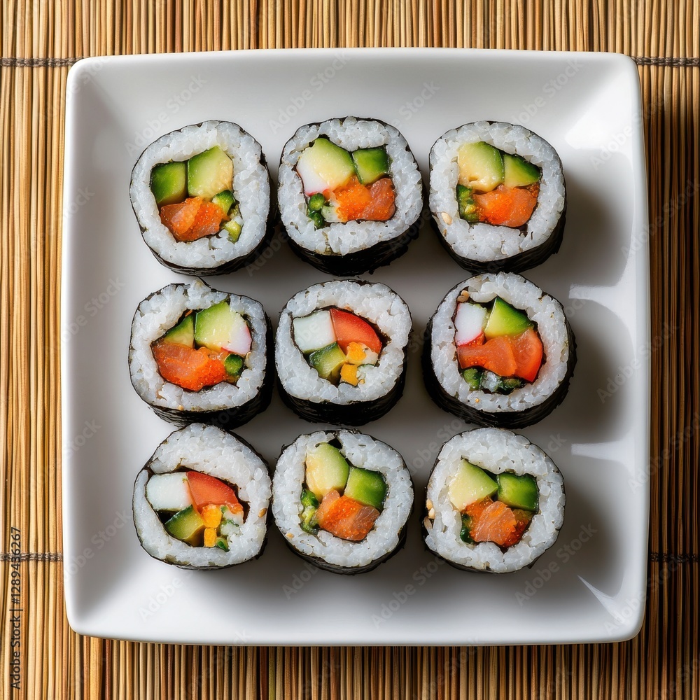 Freshly Prepared Sushi Rolls on a Square White Plate Surrounded by Bamboo Matting Showcasing Vibrant Colors and Fresh Ingredients Freshly Prepared Sushi Rolls on a Square White Plate Surrounded by Bamboo Matting Showcasing Vibrant Colors and Fresh Ingredients