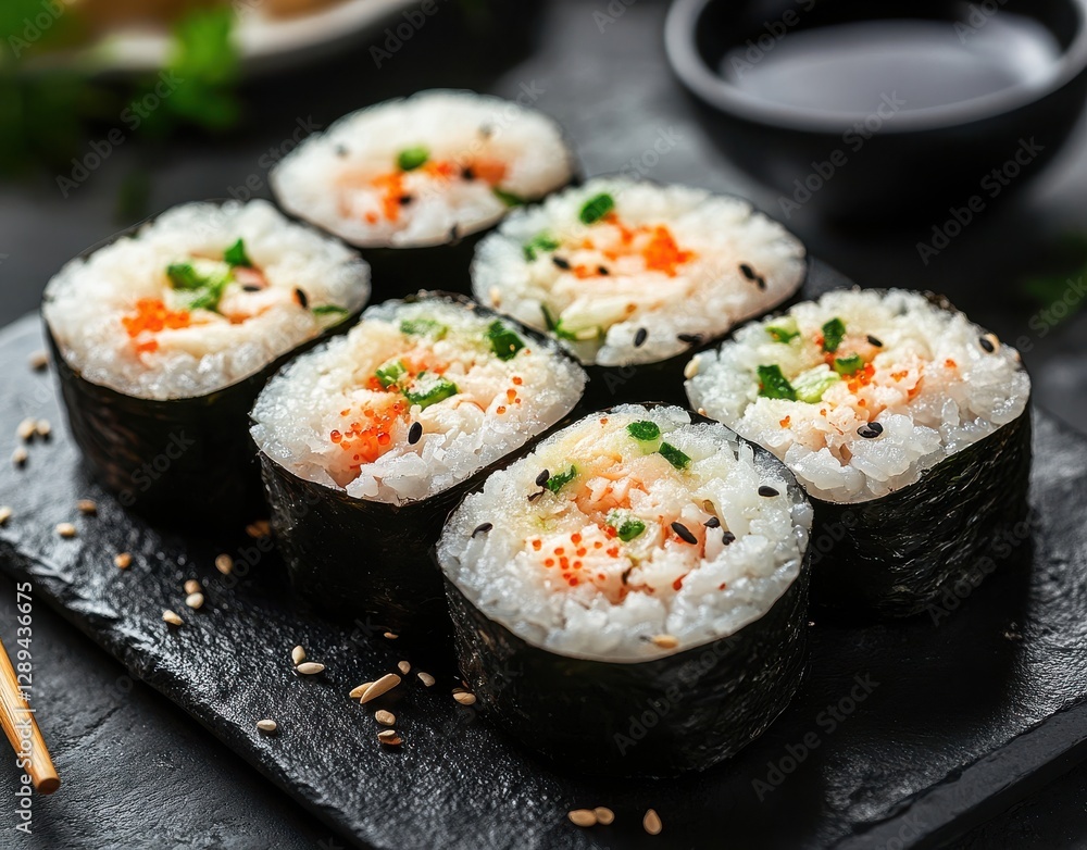 Freshly Prepared Sushi Rolls on Black Slate Serving Board with Soy Sauce and Wooden Chopsticks Set Up for Japanese Cuisine Experience Freshly Prepared Sushi Rolls on Black Slate Serving Board with Soy Sauce and Wooden Chopsticks Set Up for Japanese Cuisine Experience