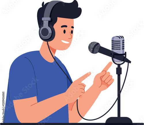 Young man in blue shirt wearing headphones speaking into a microphone in a modern podcasting setup, flat vector illustration