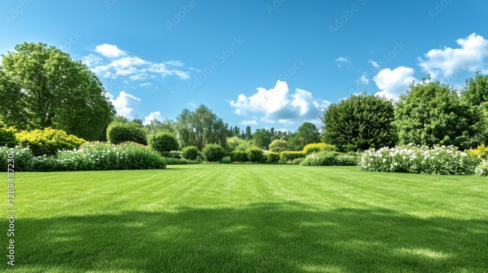 Lush green garden with blooming flowers and trees on a sunny day Lush green garden with blooming flowers and trees on a sunny day