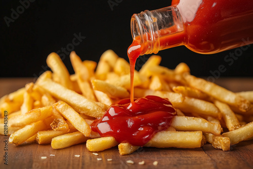 Wallpaper Mural Glass ketchup bottle dripping ketchup over a pile of French fries Torontodigital.ca