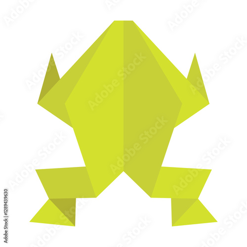 Green origami frog made from folded paper in geometric and minimalist style. Flat vector illustration in traditional Japanese papercraft.