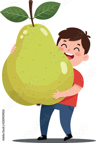 A cheerful boy joyfully hugging a large green pear in a flat, colorful vector illustration showcasing happiness and playful innocence