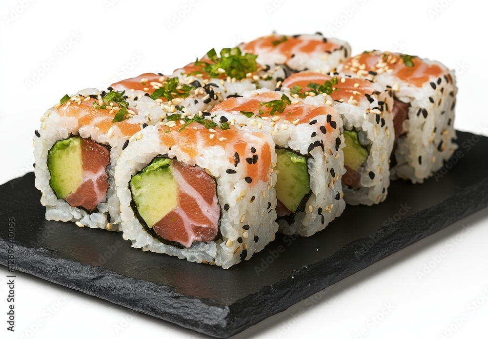 Freshly Prepared Sushi Rolls with Salmon and Avocado on a Slate Plate Ready for Gourmet Presentation Freshly Prepared Sushi Rolls with Salmon and Avocado on a Slate Plate Ready for Gourmet Presentation
