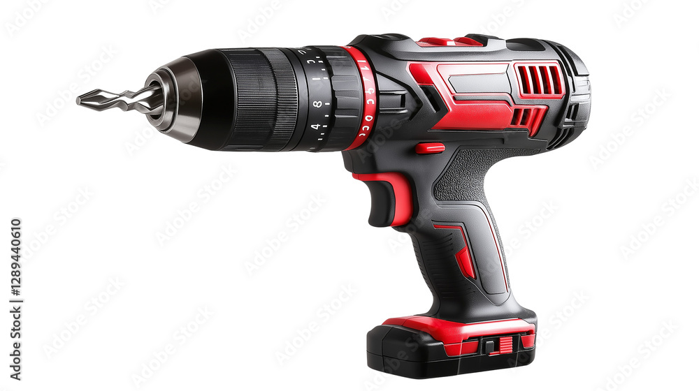 Professional cordless drill with metallic details, modern power tool, DIY and construction concept, isolated on a white background Professional cordless drill with metallic details, modern power tool, DIY and construction concept, isolated on a white background