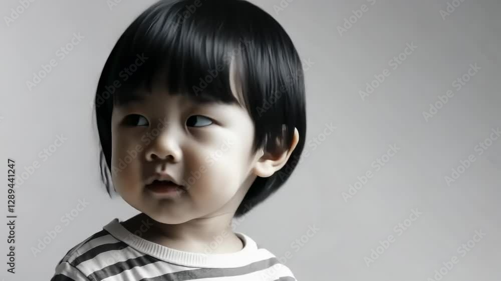 Curious toddler turns head in striped shirt against gray background Curious toddler turns head in striped shirt against gray background