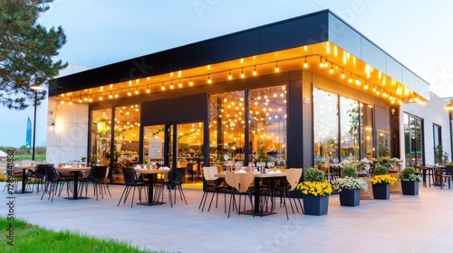 Fototapeta Naklejka Na Ścianę i Meble -  Modern restaurant patio, evening lighting, outdoor dining, green lawn