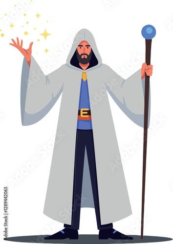 A powerful wizard in a flowing cloak casting magical sparks with a staff in a flat vector art style showcasing fantasy elements and mystical vibes