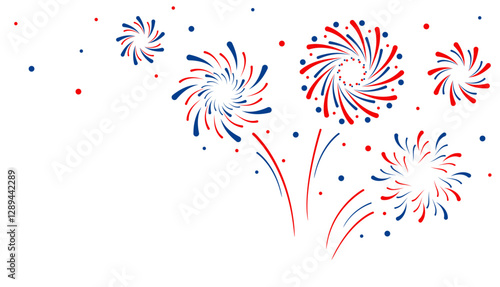Firework vector icons set isolated on transparent background with copy space. Celebrate 4th of July banner. Red, blue, white usa flag color firework border, firecracker frame.