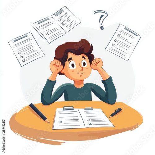 Person in cartoon style doing exam questions on white background