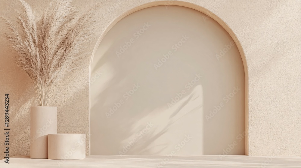 The interior design displays an arch and pampas grass The interior design displays an arch and pampas grass