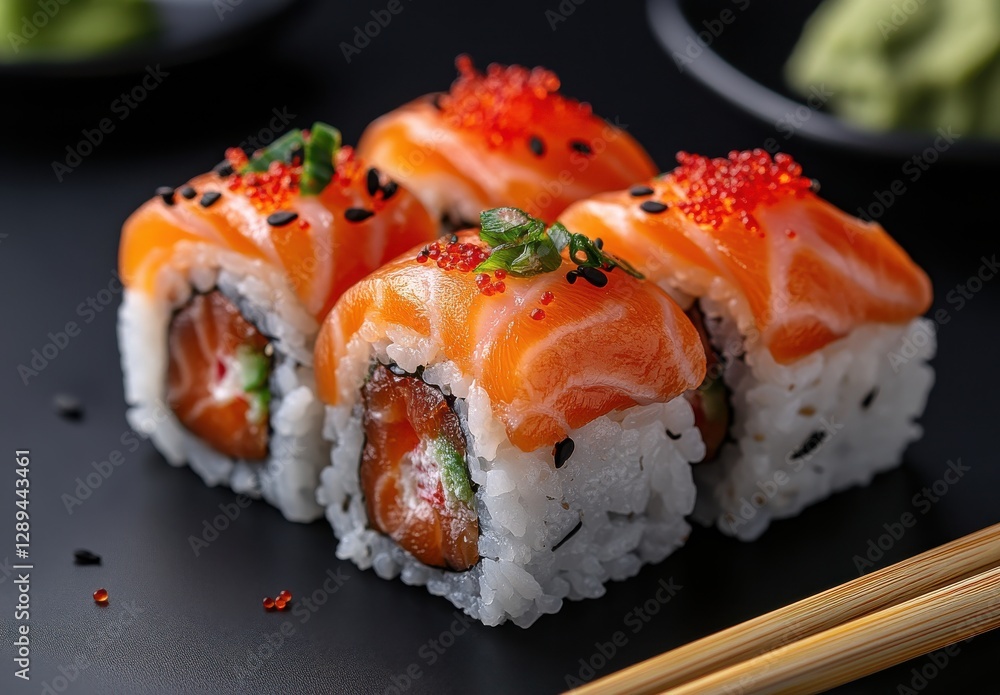 Freshly Prepared Sushi Rolls with Salmon, Avocado, and Toppings, Artfully Presented on Black Surface with Side of Wasabi and Garnish Freshly Prepared Sushi Rolls with Salmon, Avocado, and Toppings, Artfully Presented on Black Surface with Side of Wasabi and Garnish