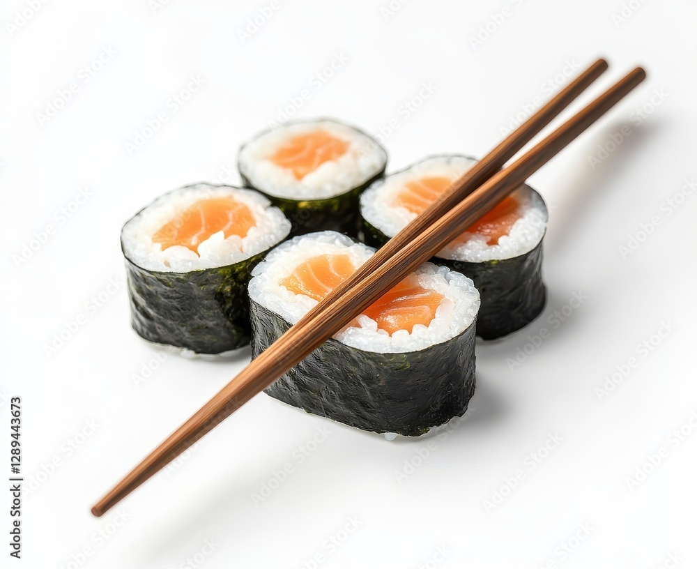 Freshly Prepared Sushi Rolls with Salmon, Beautifully Arranged on a Clean White Background with Wooden Chopsticks in the Foreground Freshly Prepared Sushi Rolls with Salmon, Beautifully Arranged on a Clean White Background with Wooden Chopsticks in the Foreground