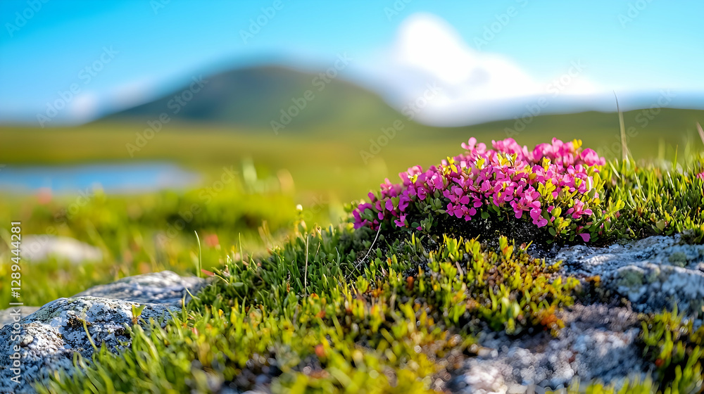 Obraz premium Pink flowers bloom on mountain rock, lake background. Nature postcard