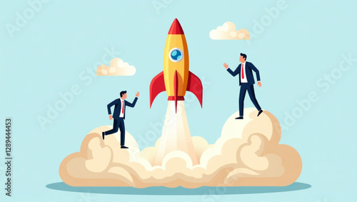 Businessman launching a rocket, symbolizing startup success and innovative ventures, overseen by an enthusiastic employee