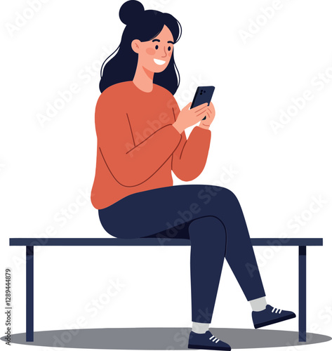 Young woman sitting on a bench with a smartphone in a casual setting, minimal flat vector illustration showcasing joy and modernity in everyday life vector art