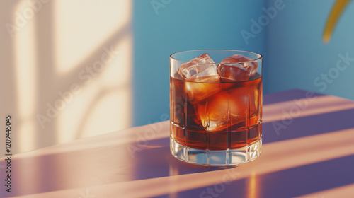 Glass of Dark Rum with Ice Positioned in the Corner of a Well-Lit Table, Offering Ample Space for Text or Visual Elements, Ideal for Marketing and Promotional Use