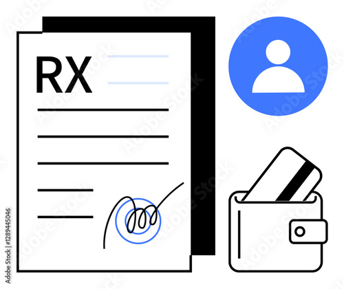 Medical prescription with signature, wallet holding a credit card, user profile icon in blue. Ideal for healthcare, medical records, online prescriptions, health insurance, financial services, user