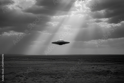 Black-and-white depiction of a UFO hovering over an empty field with a beam of light descending