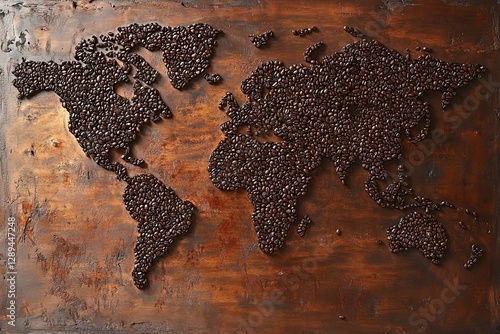World map created from roasted coffee beans on a textured wooden surface showcasing global flavors