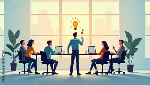 Business team brainstorming for best ideas, concept of innovation and selecting optimal solutions, collaborative effort in corporate environment