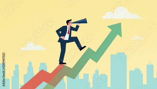 Businessman Climbs Arrow with Telescope, Predicting Market Growth, Vision for Future Profits and Earnings