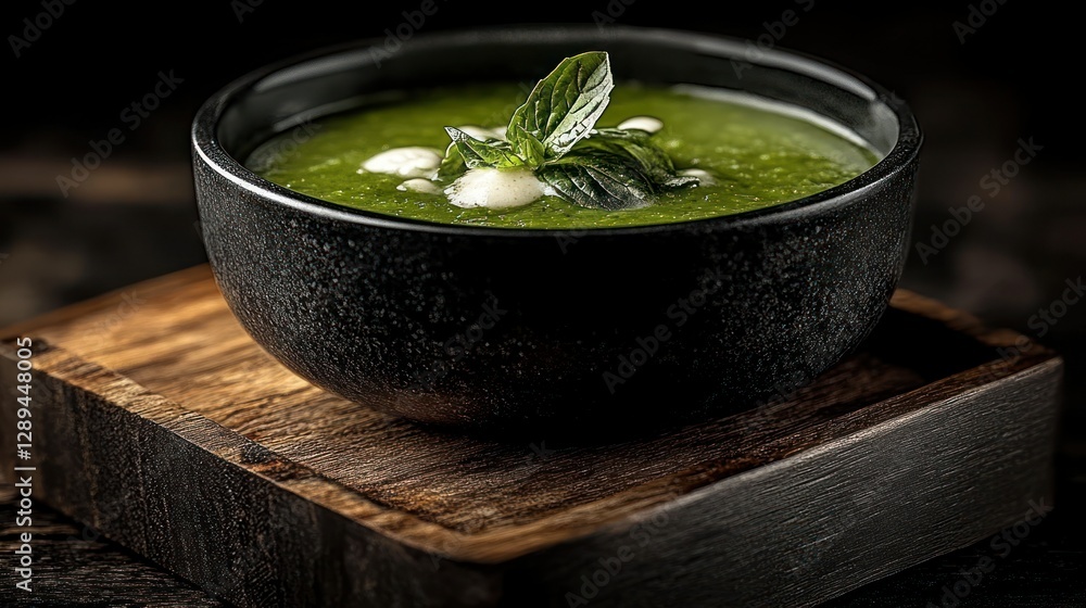 Creamy green soup, basil garnish, dark wood, rustic setting, food photography Creamy green soup, basil garnish, dark wood, rustic setting, food photography
