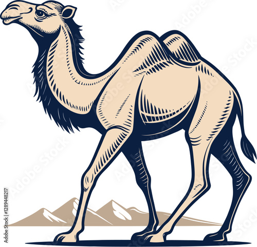 Detailed Illustration of a Majestic Camel in a Desert Landscape