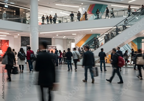 Photorealistic Busy Shopping Mall Interior with Motion Blur – Shoppers, Escalators, and Modern Architecture 