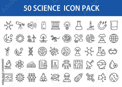 50 Science Line Icons Collection Pack - A set of 50 minimalist science icons in line style, featuring chemistry, physics, biology, astronomy, and technology symbols on a white background.