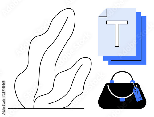 An abstract line drawing of a plant next to stacked blue and white text documents and a black handbag with a blue tag. Ideal for creative design, branding, marketing, minimalism, fashion, nature