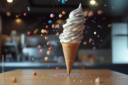 Cone of ice cream topples over with syrup and sprinkles creating a colorful mess on table photo