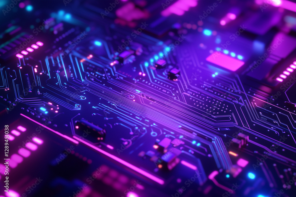 Glowing futuristic circuit board with neon elements Glowing futuristic circuit board with neon elements