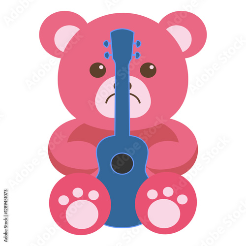 Pink bear holds a blue guitar. Perfect for childrens music books, educational materials, and playful graphic designs. Teddy rockstar vibes!