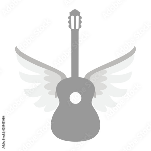 Gray silhouette of a guitar with wings suitable for music posters, tshirt designs, rock band logos, and music festival promotions.