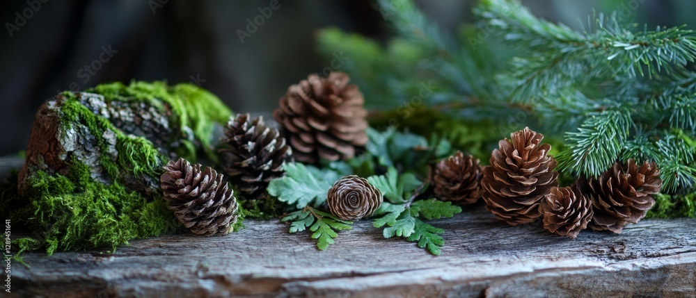 A rustic assortment of pinecones and green foliage rests on a log, surrounded by vivid greenery and moss, showcasing a harmonious natural display. A rustic assortment of pinecones and green foliage rests on a log, surrounded by vivid greenery and moss, showcasing a harmonious natural display.