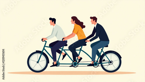 Business trio pedaling tandem bicycle, symbolizing leadership, coordination and shared effort in achieving goals