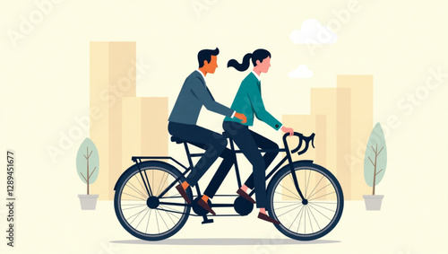 Business trio pedaling tandem bicycle, symbolizing leadership, coordination and shared effort in achieving goals