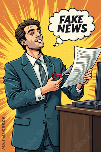 Businessman Cutting Fake News Text with Scissors to Combat Misinformation Spread