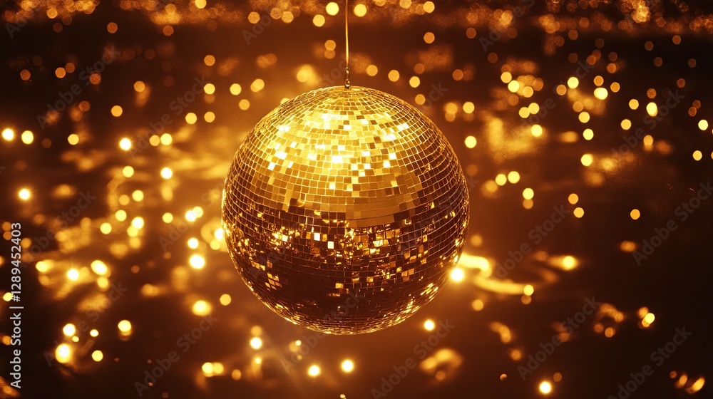 Obraz premium Golden disco ball reflecting shimmering light particles in dark atmosphere with festive glow