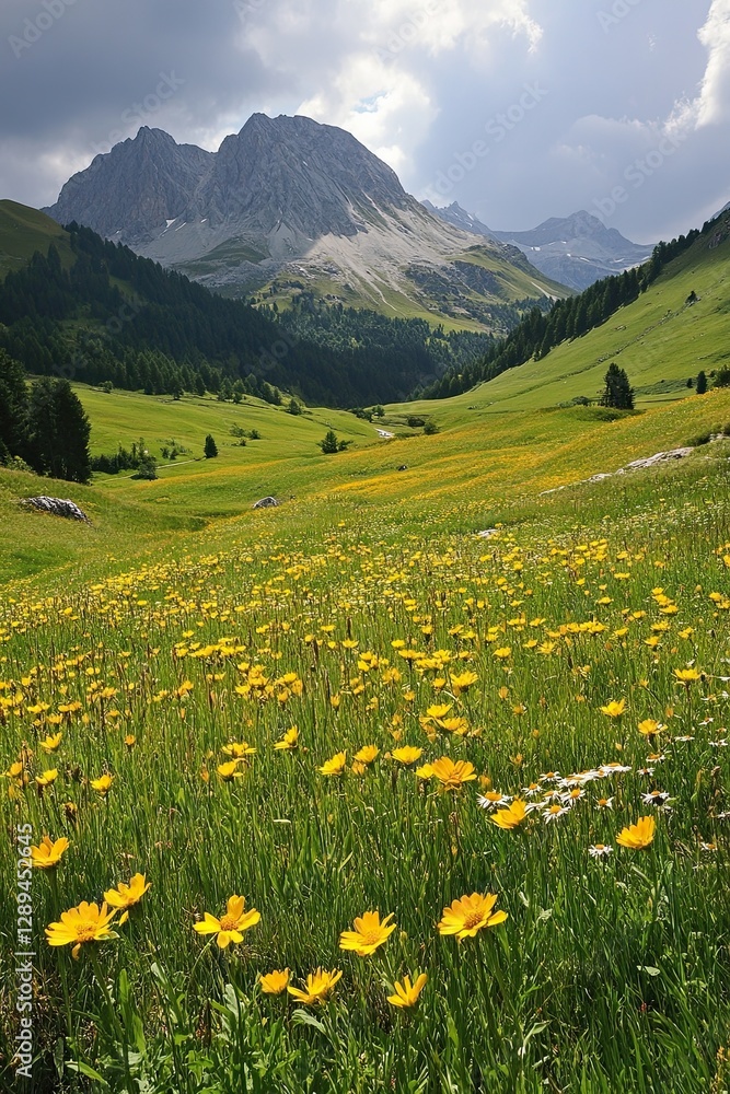 Obraz premium Scenic mountain valley with blooming yellow wildflowers and lush green meadows under cloudy sky