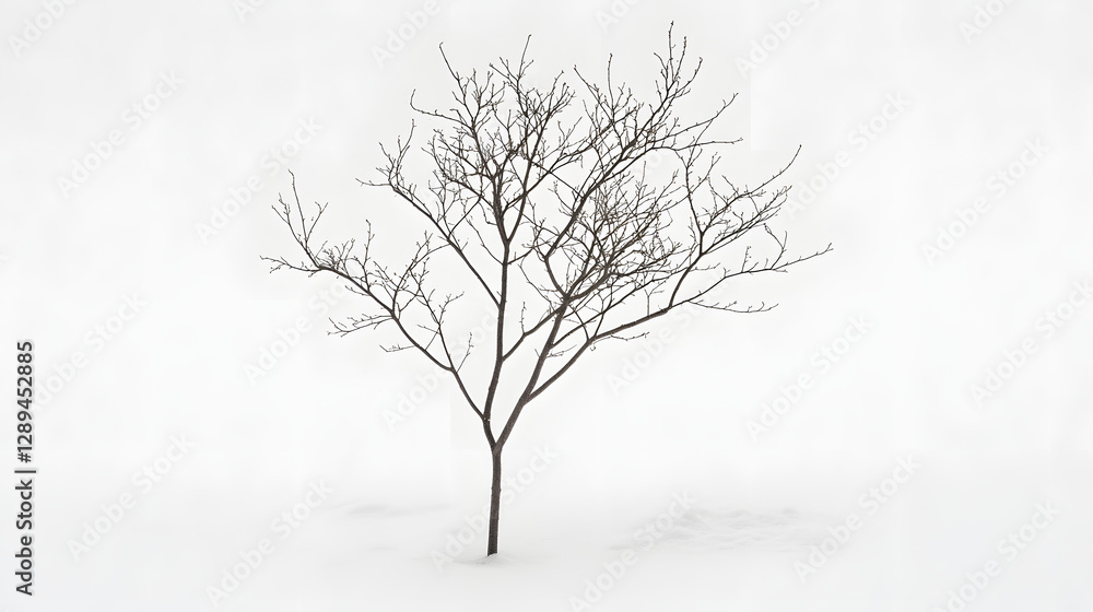 Obraz premium A single black-leaved tree standing stark against a snowy white background in winter.