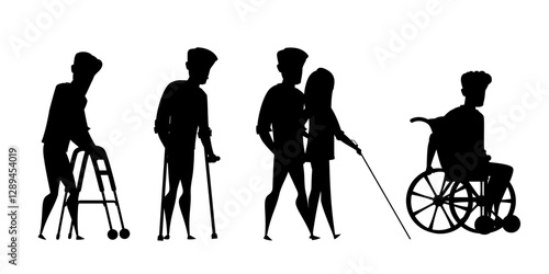 Silhouettes of people with disabilities. Person on with a walker, crutches, a blind person with a cane and a wheelchair user. Inclusive concept. Flat vector illustrations set on transparent.